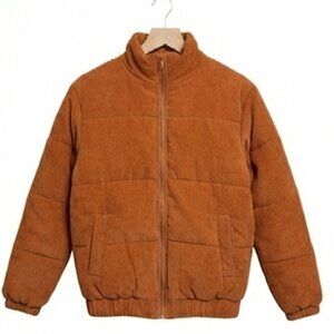 Forever 21 Girls Orange Corduroy Puffer Jacket Size 13/14 Insulated Coat